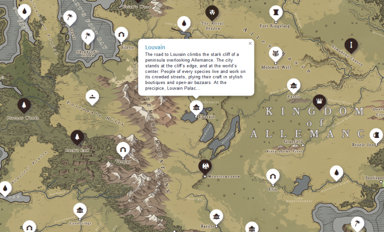 Cropped screenshot of the Beast World in the original artist's fantasized cartography style. Many clickable items are indicated marking areas of interest including cities, forests, rivers, islands and more. One is clicked for the screenshot with a popup for Baritte; which describes the barony capital city including it's pronunciation and some facts about the region.